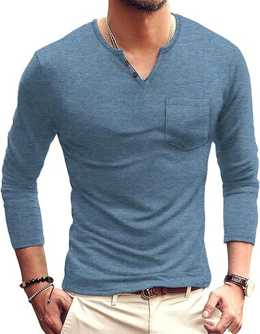 تي شيرت NITAGUT رجالي كاجوال بمقاس نحيف بأكمام طويلة/قصيرة وجيب على شكل حرف V ورقبة على شكل حرف V in Kuwait