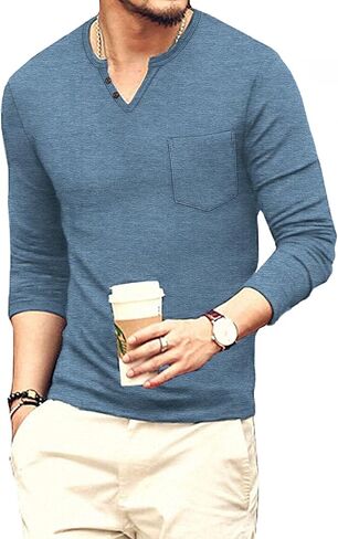 تي شيرت NITAGUT رجالي كاجوال بمقاس نحيف بأكمام طويلة/قصيرة وجيب على شكل حرف V ورقبة على شكل حرف V in Kuwait