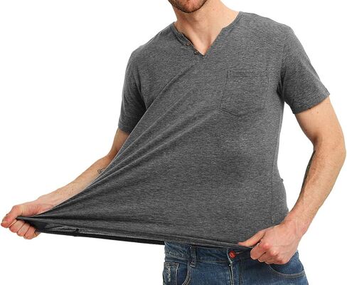 تي شيرت NITAGUT رجالي كاجوال بمقاس نحيف بأكمام طويلة/قصيرة وجيب على شكل حرف V ورقبة على شكل حرف V in Kuwait