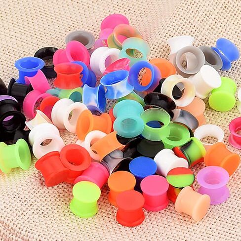 Qmcandy 12-38 Pairs Silicone Ear Tunnels Plugs Colorful Soft Flexible Hollow Saddle Silicone Gauges Ear Piercing Jewelry 2g-1 inch in Kuwait