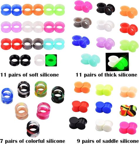 Qmcandy 12-38 Pairs Silicone Ear Tunnels Plugs Colorful Soft Flexible Hollow Saddle Silicone Gauges Ear Piercing Jewelry 2g-1 inch in Kuwait