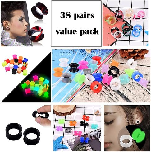 Qmcandy 12-38 Pairs Silicone Ear Tunnels Plugs Colorful Soft Flexible Hollow Saddle Silicone Gauges Ear Piercing Jewelry 2g-1 inch in Kuwait