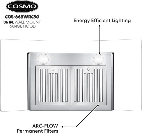 COSMO COS-668WRC90 Wall Mount Range Hood with Ducted Exhaust Vent, 3 Speed Fan, Push Button Controls, LED Lighting, Permanent Filters in Stainless Steel, 36 inches in Saudi Arabia