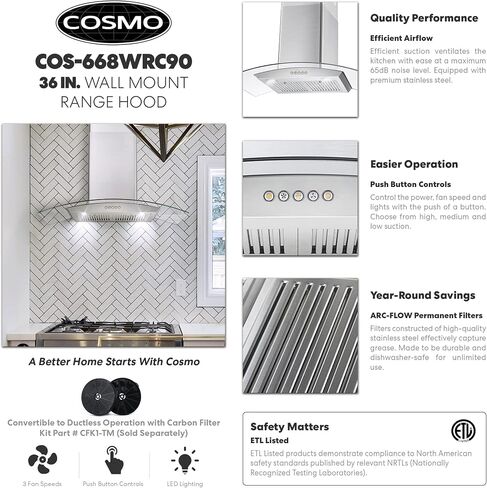 COSMO COS-668WRC90 Wall Mount Range Hood with Ducted Exhaust Vent, 3 Speed Fan, Push Button Controls, LED Lighting, Permanent Filters in Stainless Steel, 36 inches in Saudi Arabia