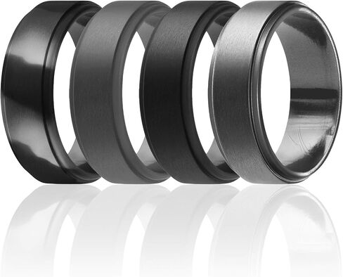 ROQ Silicone Wedding Ring For Men, 4 Pack Silicone Rubber Band Step Edge - Black, Black Camo, Silver, Beveled Metallic Platinum - Size 14 in Saudi Arabia