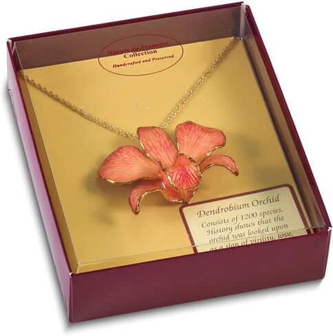 Solid Lacquer Dipped Gold Trimmed Pink Dendrobium Orchid Pendant Necklace Charm Chain 20" in Saudi Arabia