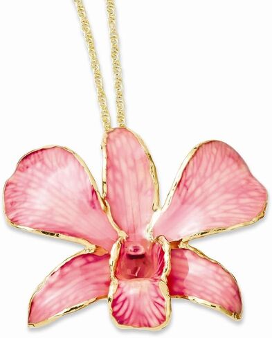 Solid Lacquer Dipped Gold Trimmed Pink Dendrobium Orchid Pendant Necklace Charm Chain 20" in Saudi Arabia