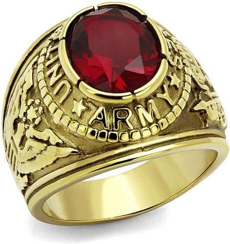 Nationalonlinediscounts United States US Army Stainless Steel Gold Electroplate USA Military Oval Red Stone Ring in Saudi Arabia