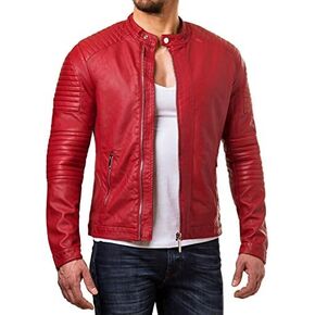 Leather Lifestyle Lambskin Real Leather Jacket Men's Slim fit Biker Motorcycle Red MJ88 in Saudi Arabia