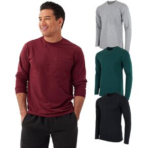 Real Essentials 3 Pack: Men's Cotton Performance Long Sleeve Crew Neck Pocket T-Shirt Athletic Top (Available in Big & Tall)