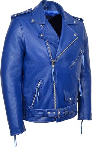 Brando Blue Men's Classic Design Motorcycle Biker Cowhide Real Leather Jacket MBF in Saudi Arabia