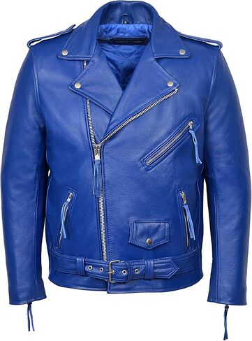 Brando Blue Men's Classic Design Motorcycle Biker Cowhide Real Leather Jacket MBF in Saudi Arabia