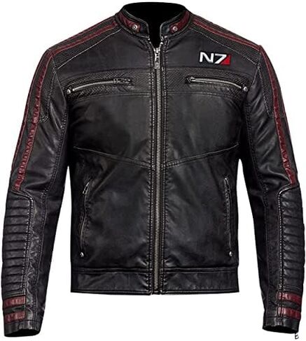 Mens N7 Cafe Racer Bomber Biker Stand Collar Leather Zipper Jacket| N7 Commander Shepard Stylish Motorcycle Leather Jacket in Saudi Arabia