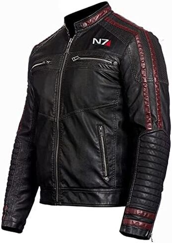 Mens N7 Cafe Racer Bomber Biker Stand Collar Leather Zipper Jacket| N7 Commander Shepard Stylish Motorcycle Leather Jacket in Saudi Arabia