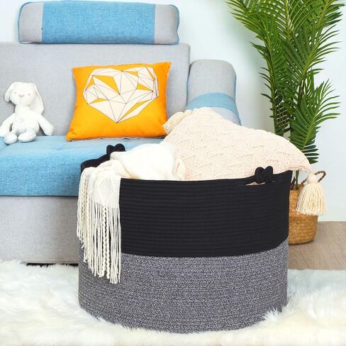 MINTWOOD Design XXXXLarge 22 x 16 Inches Decorative Cotton Rope Basket, Blanket Basket Living Room, Laundry Basket, Toy Storage Baskets Bin, Round Woven Basket for Pillows, Towels, 3-Tone Blue in Saudi Arabia