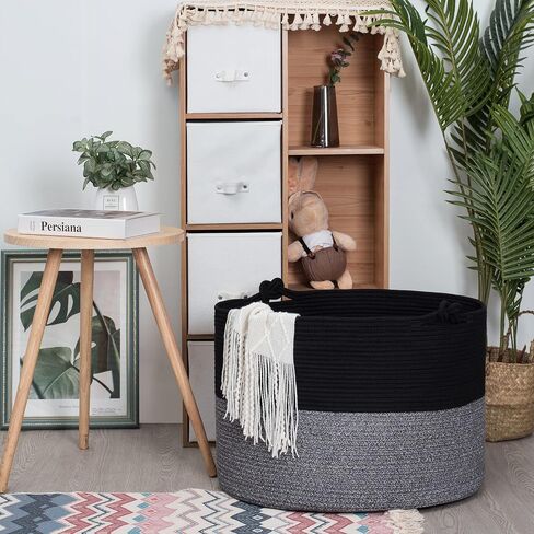 MINTWOOD Design XXXXLarge 22 x 16 Inches Decorative Cotton Rope Basket, Blanket Basket Living Room, Laundry Basket, Toy Storage Baskets Bin, Round Woven Basket for Pillows, Towels, 3-Tone Blue in Saudi Arabia