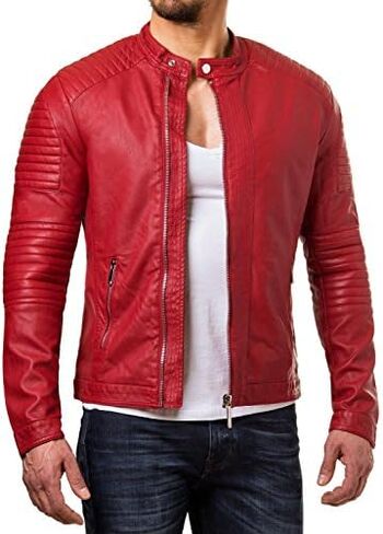 Leather Lifestyle Lambskin Real Leather Jacket Men's Slim fit Biker Motorcycle Red MJ88 in Saudi Arabia