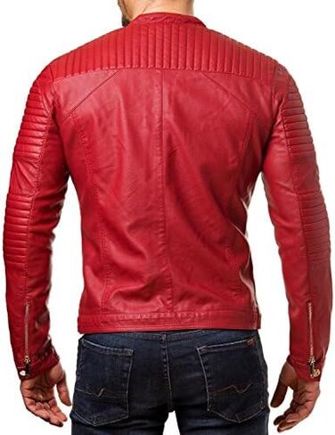 Leather Lifestyle Lambskin Real Leather Jacket Men's Slim fit Biker Motorcycle Red MJ88 in Saudi Arabia