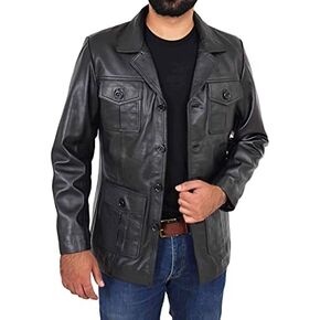 Mens Black Leather Safari Jacket Fitted Classic Retro Blazer Hunters Reefer Coat - Sylas in Kuwait