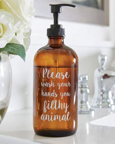 47th & Main Amber Glass Soap Dispenser, 16-Ounce, White Label, Conditioner in Saudi Arabia