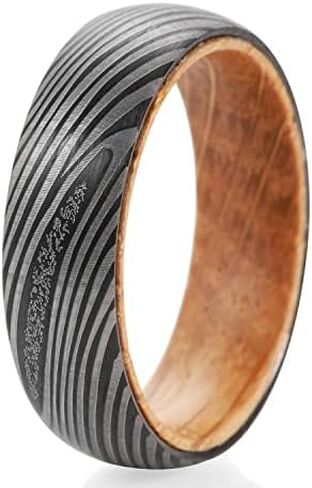 6mm Damascus Engraved Wood Wedding Ring Black Tungsten Sleeve Barrel Wood Anniversary Wedding Band in Saudi Arabia