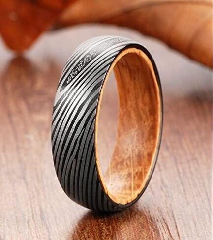 6mm Damascus Engraved Wood Wedding Ring Black Tungsten Sleeve Barrel Wood Anniversary Wedding Band in Saudi Arabia