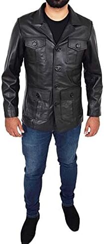 Mens Black Leather Safari Jacket Fitted Classic Retro Blazer Hunters Reefer Coat - Sylas in Kuwait