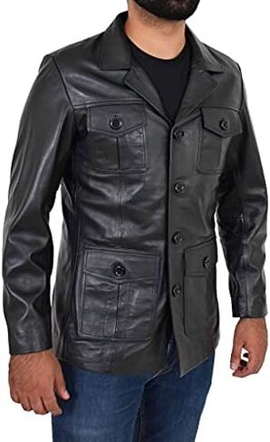 Mens Black Leather Safari Jacket Fitted Classic Retro Blazer Hunters Reefer Coat - Sylas in Kuwait