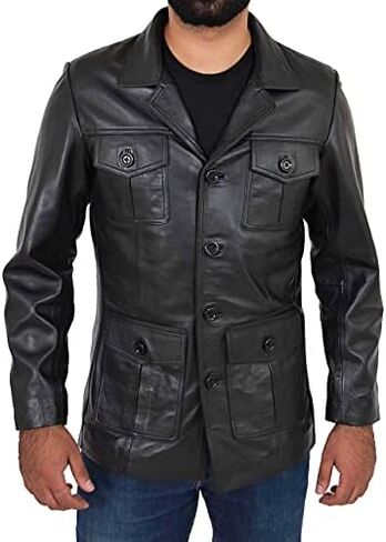 Mens Black Leather Safari Jacket Fitted Classic Retro Blazer Hunters Reefer Coat - Sylas in Kuwait