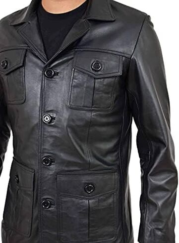 Mens Black Leather Safari Jacket Fitted Classic Retro Blazer Hunters Reefer Coat - Sylas in Kuwait