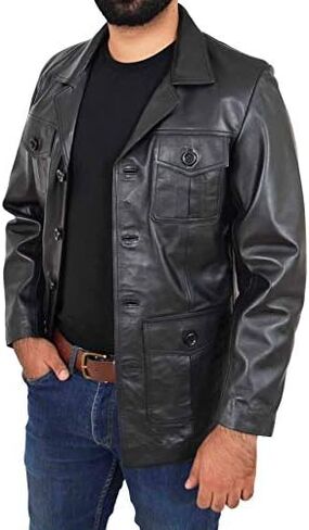 Mens Black Leather Safari Jacket Fitted Classic Retro Blazer Hunters Reefer Coat - Sylas in Kuwait