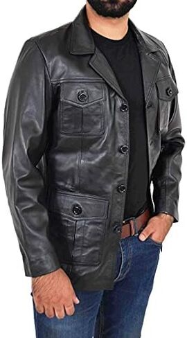 Mens Black Leather Safari Jacket Fitted Classic Retro Blazer Hunters Reefer Coat - Sylas in Kuwait