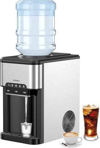 COSTWAY Water Dispenser with Ice Maker, Hold 3-5 Gallon Bottle, 3-in-1 Countertop Top-Loading Hot Cold Water Cooler Machine for Home Office, Safety Lock, 48Lbs/24H, 12 Cube, 4 lbs Storage Basket in Kuwait