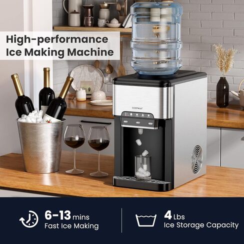 COSTWAY Water Dispenser with Ice Maker, Hold 3-5 Gallon Bottle, 3-in-1 Countertop Top-Loading Hot Cold Water Cooler Machine for Home Office, Safety Lock, 48Lbs/24H, 12 Cube, 4 lbs Storage Basket in Kuwait