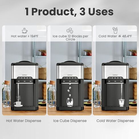 COSTWAY Water Dispenser with Ice Maker, Hold 3-5 Gallon Bottle, 3-in-1 Countertop Top-Loading Hot Cold Water Cooler Machine for Home Office, Safety Lock, 48Lbs/24H, 12 Cube, 4 lbs Storage Basket in Kuwait