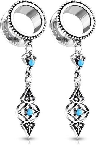 Pierced Owl - Antique Silver Plated Tribal Dangling Turquoise Charms Screw Fit Tunnel Plugs, Sold as Pair in Kuwait