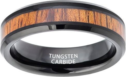 Tungsten King Black Ion-Plated with Hawaiian Koa Wood Inaly Beveled Edge Comfort Fit Tungsten Carbide 6mm Mens/Womens Wedding - Anniversary Band in Kuwait