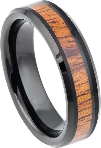 Tungsten King Black Ion-Plated with Hawaiian Koa Wood Inaly Beveled Edge Comfort Fit Tungsten Carbide 6mm Mens/Womens Wedding - Anniversary Band in Kuwait