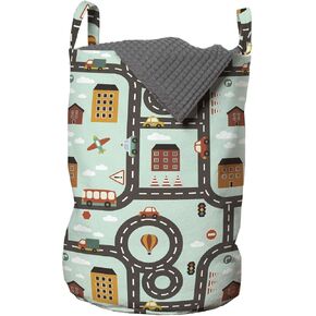 Ambesonne Car Race Track Laundry Bag, Cartoon Design Road Activity Circles Hot-Air Balloon Aeroplane, Hamper Basket with Handles Drawstring Closure for Laundromats, 13" x 19", Multicolor in Kuwait