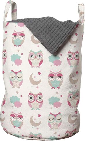 Ambesonne Owls Laundry Bag, Owls Stars Moon Patterns in Feminine Soft Colors Symmetric Design Artwork, Hamper Basket with Handles Drawstring Closure for Laundromats, 13" x 19", Almond Green Pink Tan in Saudi Arabia