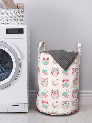 Ambesonne Owls Laundry Bag, Owls Stars Moon Patterns in Feminine Soft Colors Symmetric Design Artwork, Hamper Basket with Handles Drawstring Closure for Laundromats, 13" x 19", Almond Green Pink Tan in Saudi Arabia