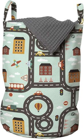 Ambesonne Car Race Track Laundry Bag, Cartoon Design Road Activity Circles Hot-Air Balloon Aeroplane, Hamper Basket with Handles Drawstring Closure for Laundromats, 13" x 19", Multicolor in Kuwait