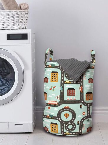 Ambesonne Car Race Track Laundry Bag, Cartoon Design Road Activity Circles Hot-Air Balloon Aeroplane, Hamper Basket with Handles Drawstring Closure for Laundromats, 13" x 19", Multicolor in Kuwait