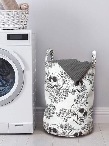 Lunarable Skull Laundry Bag, Blooms Retro Style Otherworld Textured Western Style Celtic Halloween Horror, Hamper Basket with Handles Drawstring Closure for Laundromats, 13" x 19", Charcoal Grey White in Saudi Arabia