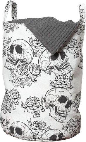 Lunarable Skull Laundry Bag, Blooms Retro Style Otherworld Textured Western Style Celtic Halloween Horror, Hamper Basket with Handles Drawstring Closure for Laundromats, 13" x 19", Charcoal Grey White in Saudi Arabia