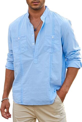 قمصان Uiriuy الرجالية الكاجوال المريحة بأزرار سفلية من القطن والكتان Henley بأكمام طويلة من Guayabera in Kuwait