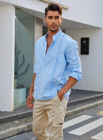 قمصان Uiriuy الرجالية الكاجوال المريحة بأزرار سفلية من القطن والكتان Henley بأكمام طويلة من Guayabera in Kuwait