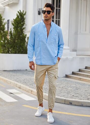 قمصان Uiriuy الرجالية الكاجوال المريحة بأزرار سفلية من القطن والكتان Henley بأكمام طويلة من Guayabera in Kuwait