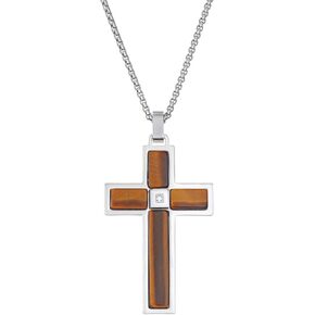 Metro Jewelry Round Cubic Zirconia Two Tone Cross Pendant Necklace for Men in Stainless Steel with Ion Plating or Tiger Eye 24 Inches Long Round Box Chain Lobster Claw