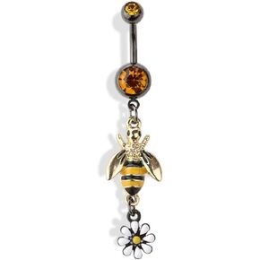 14GA Double Jeweled Bumblebee with Flower Dangle 316L Surgical Stainless Steel Navel Belly Button Ring in Saudi Arabia